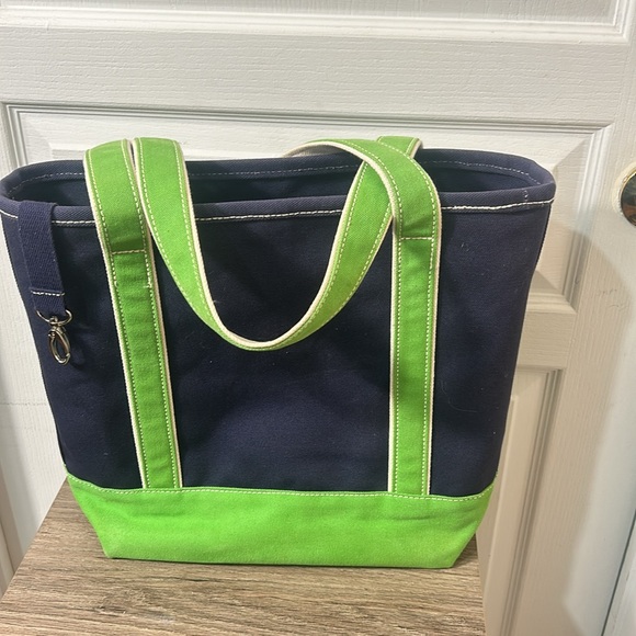 LANDS END canvas striped tote bag in green and navy blue - Picture 3 of 8